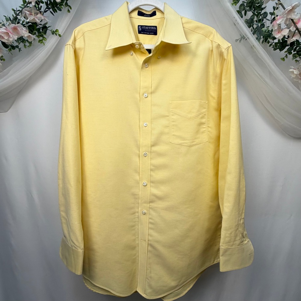 Stafford Essentials Oxford Shirt Mens 17 34-35 Athletic Fit Yellow Long Sleeve